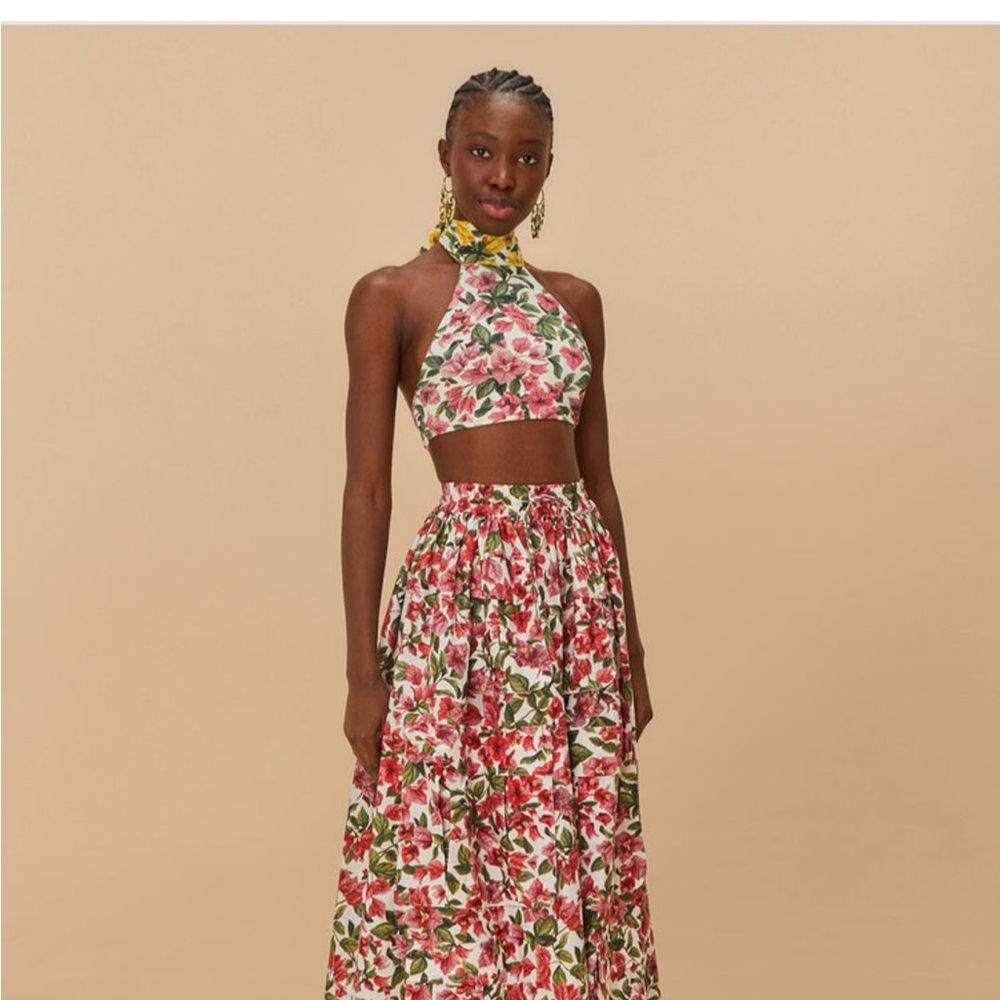 FARM Rio Floral Maxi Skirt - Red and Green Bougainville long skirt xs
